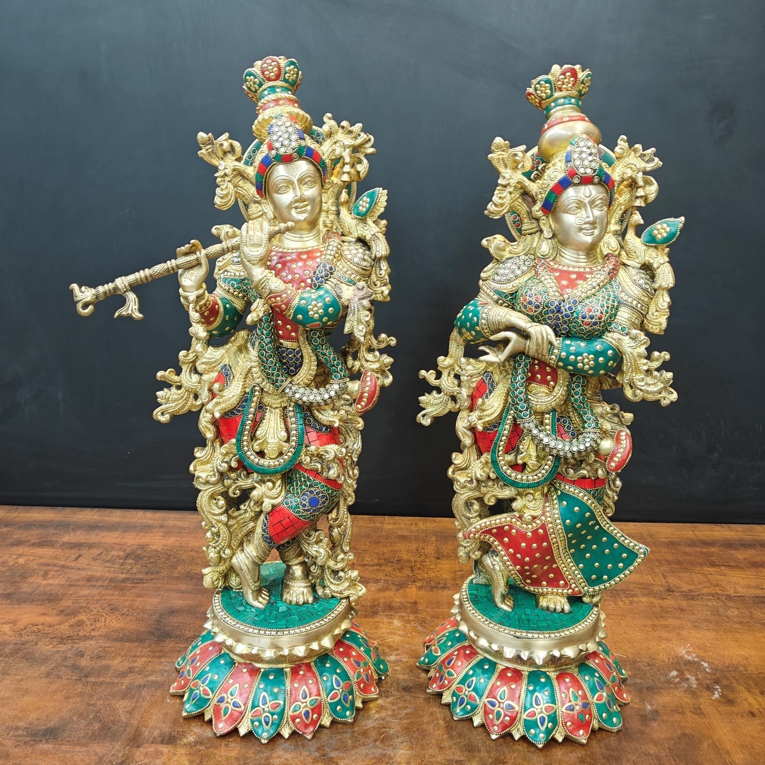Brass Radha Krishna Statues On Lotus Base with Stone Work 27 Inch - Eco-friendly - Sama Homes