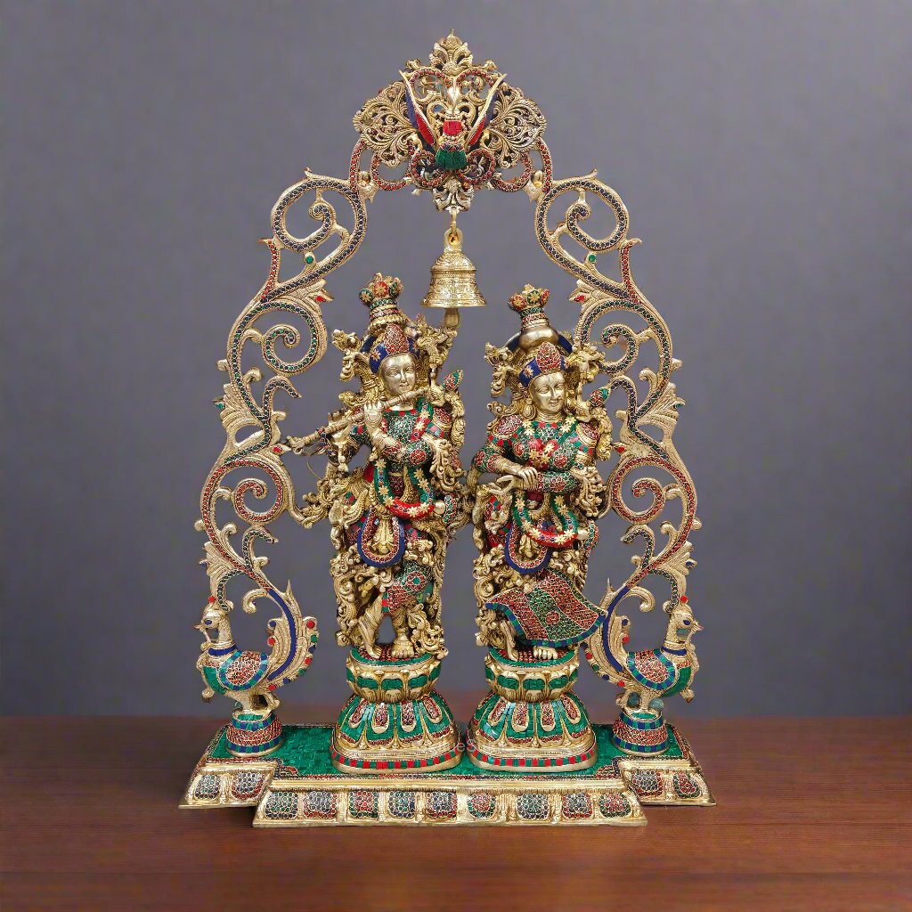 Brass Radha Krishna with Peacock Temple Arch Meenakari Statues 45 Inch