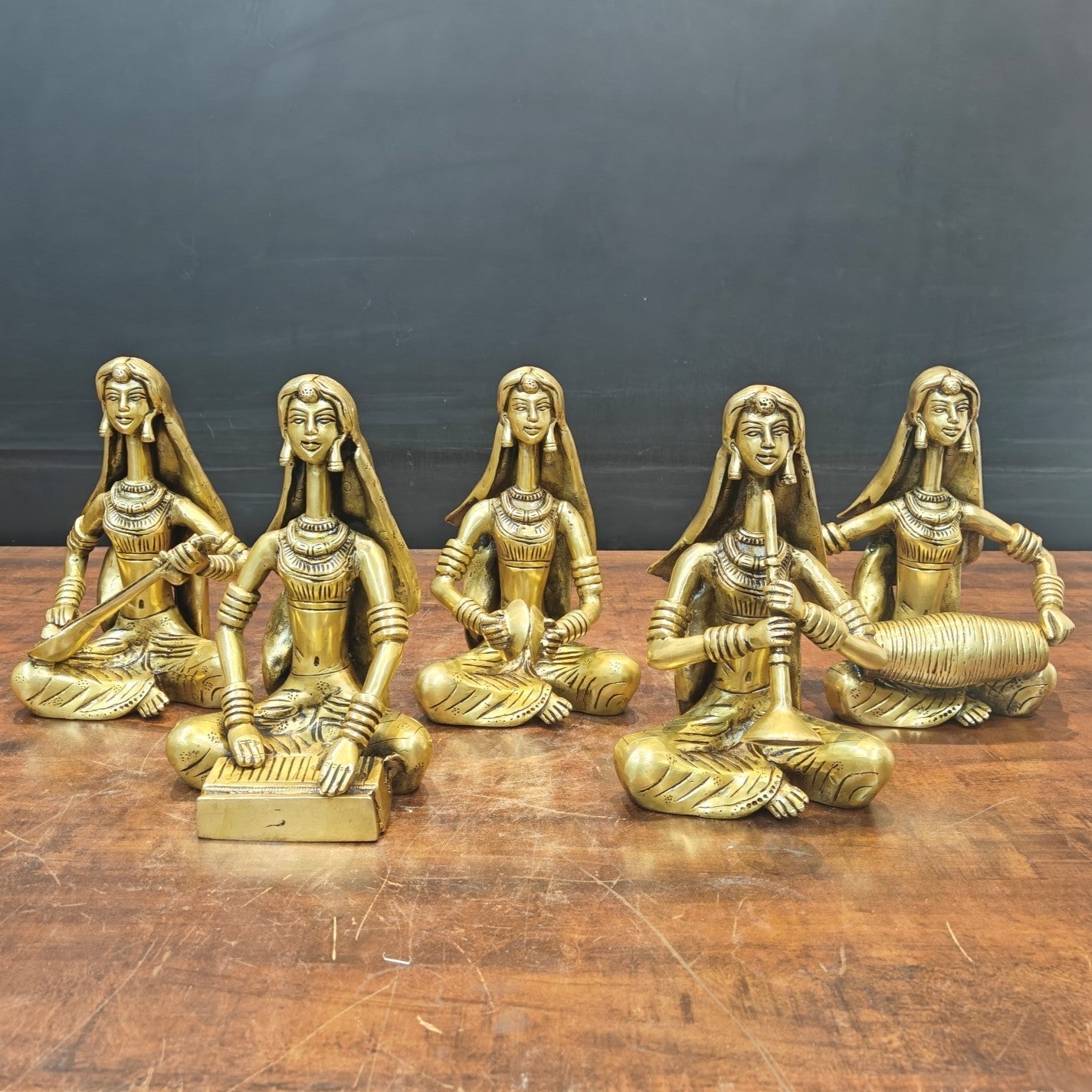 Brass Rajasthani Lady Musicians Set of 5 Showpieces 10 Inches - Eco-friendly - Sama Homes