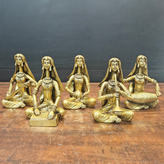 Brass Rajasthani Lady Musicians Set of 5 Showpieces 10 Inches