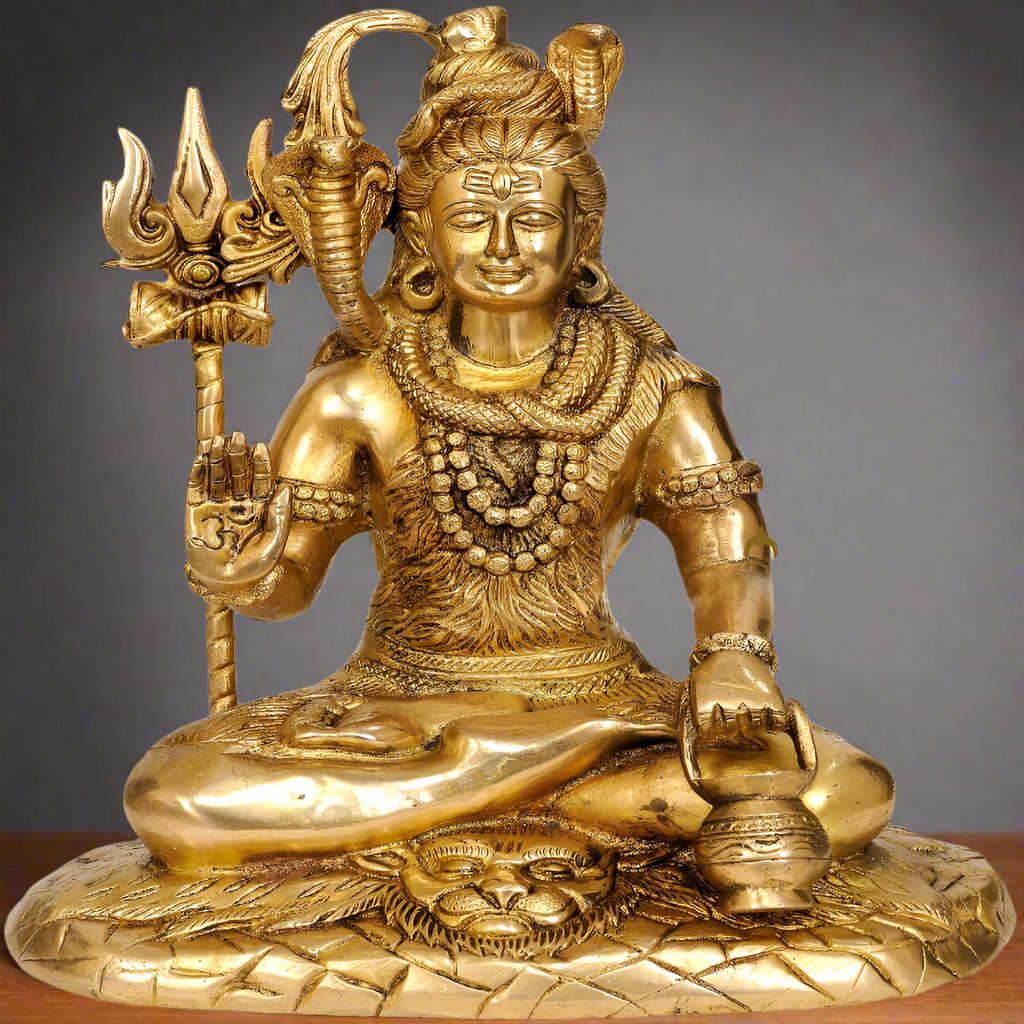Brass Rare Depiction Statue of Lord Shiva Seated on the Mountain of Kailash 10"