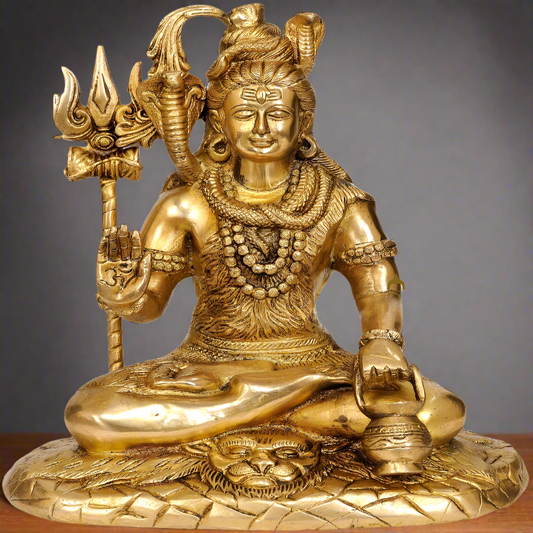 Brass Rare Depiction Statue of Lord Shiva Seated on the Mountain of Kailash 10"