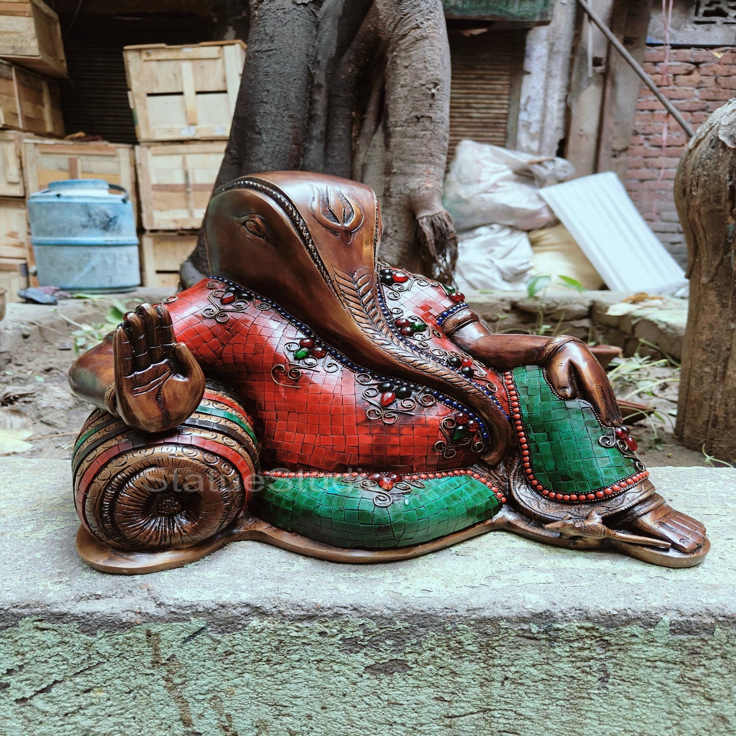 Brass Relaxing Ganesha Statue Antique Stone Work For Home Decor 11"