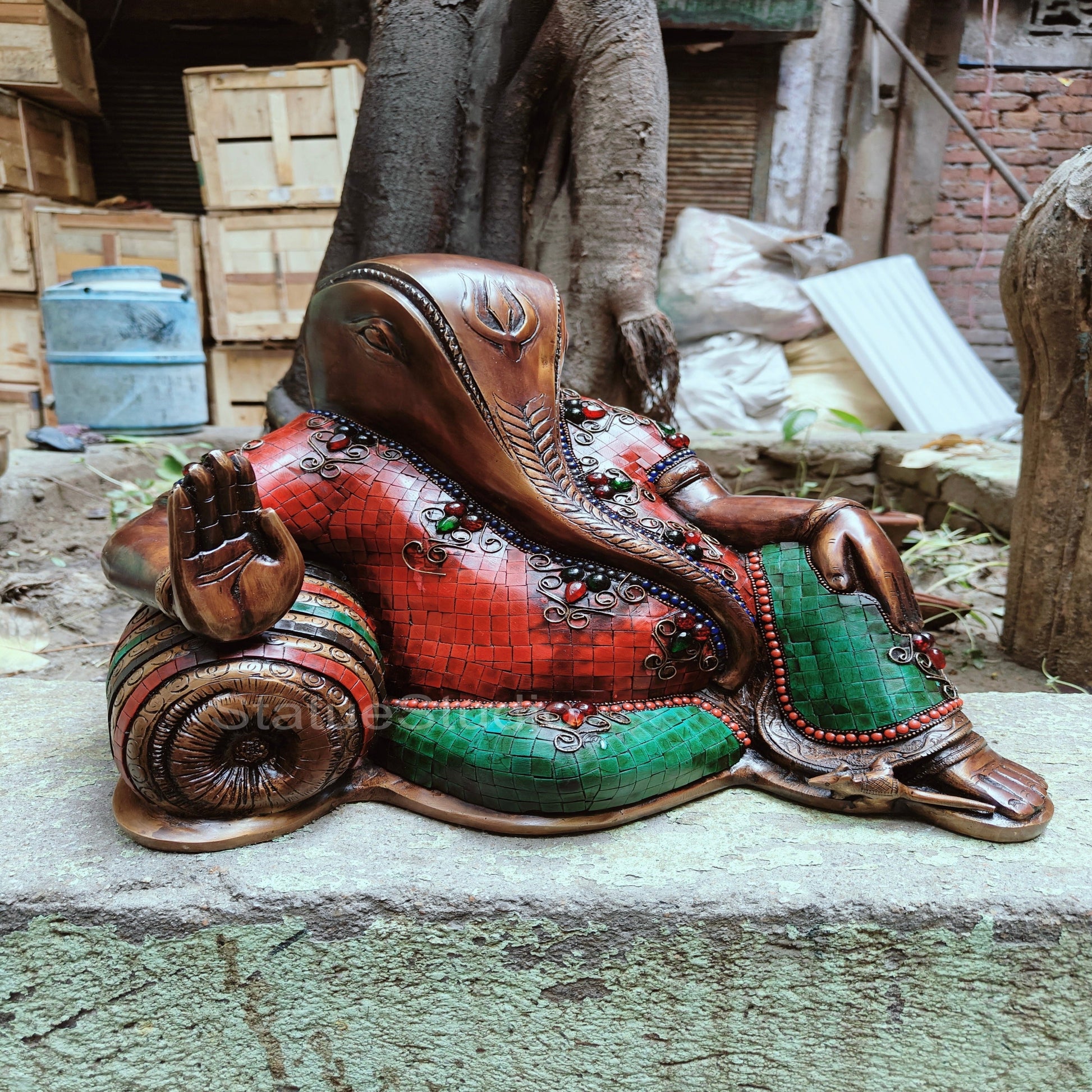 Brass Relaxing Ganesha Statue Antique Stone Work For Home Decor 11" - Image 2