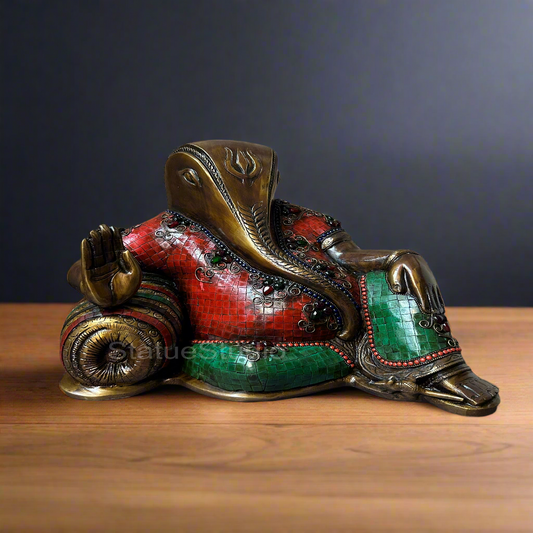 Brass Relaxing Ganesha Statue Antique Stone Work For Home Decor 11"