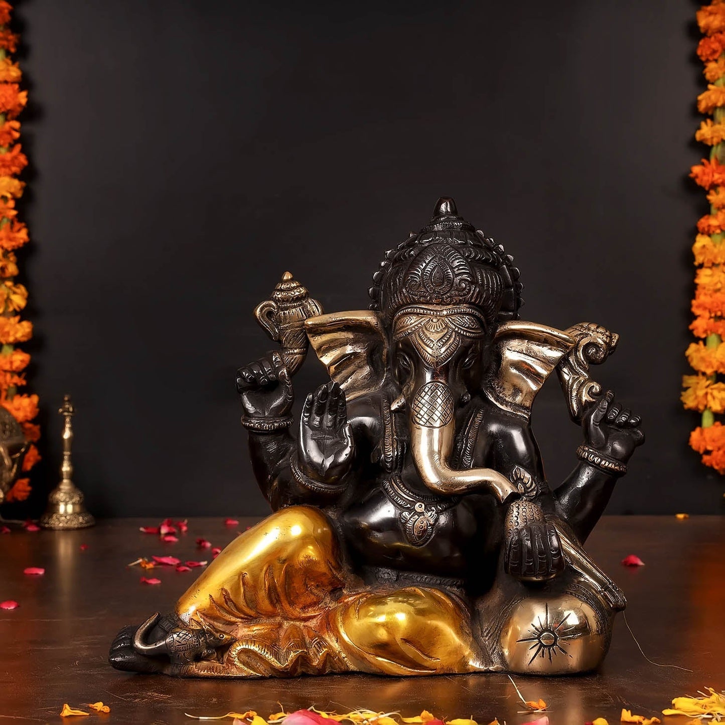 Brass Resting Ganesha Statue Black Patina Finish 10 Inch
