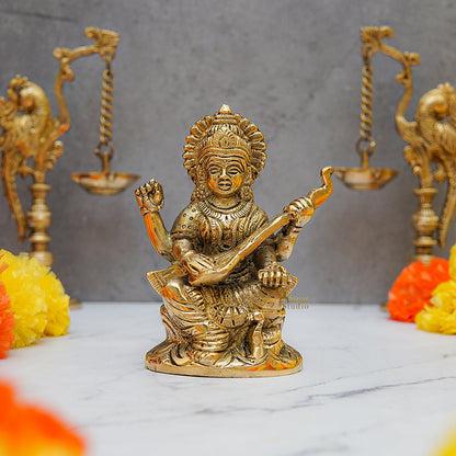 Brass Saraswati Idol For Temple Decor 5 Inch by vendor-unknown - Hindu Gods