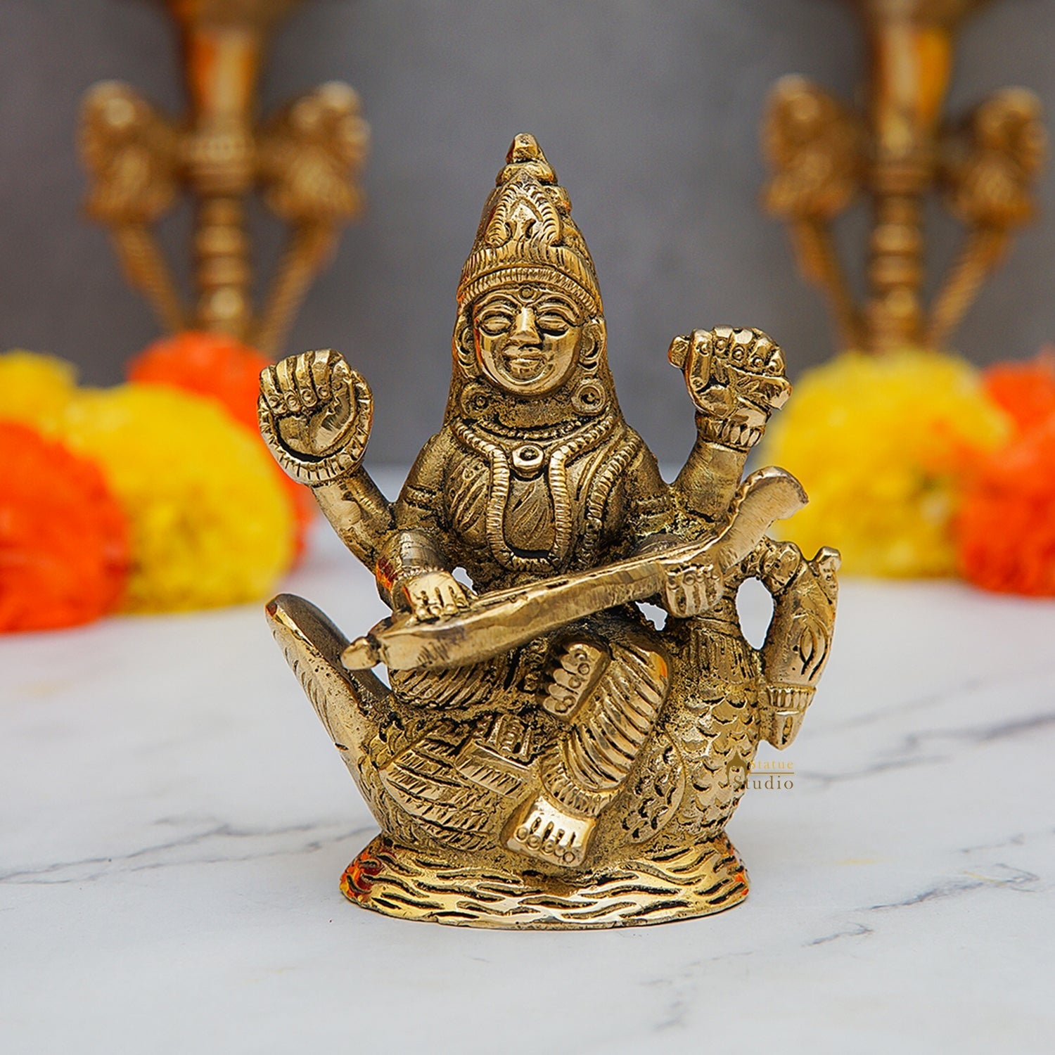 Brass Saraswati Statue For Home Decor 4 Inch - Eco-friendly - Sama Homes