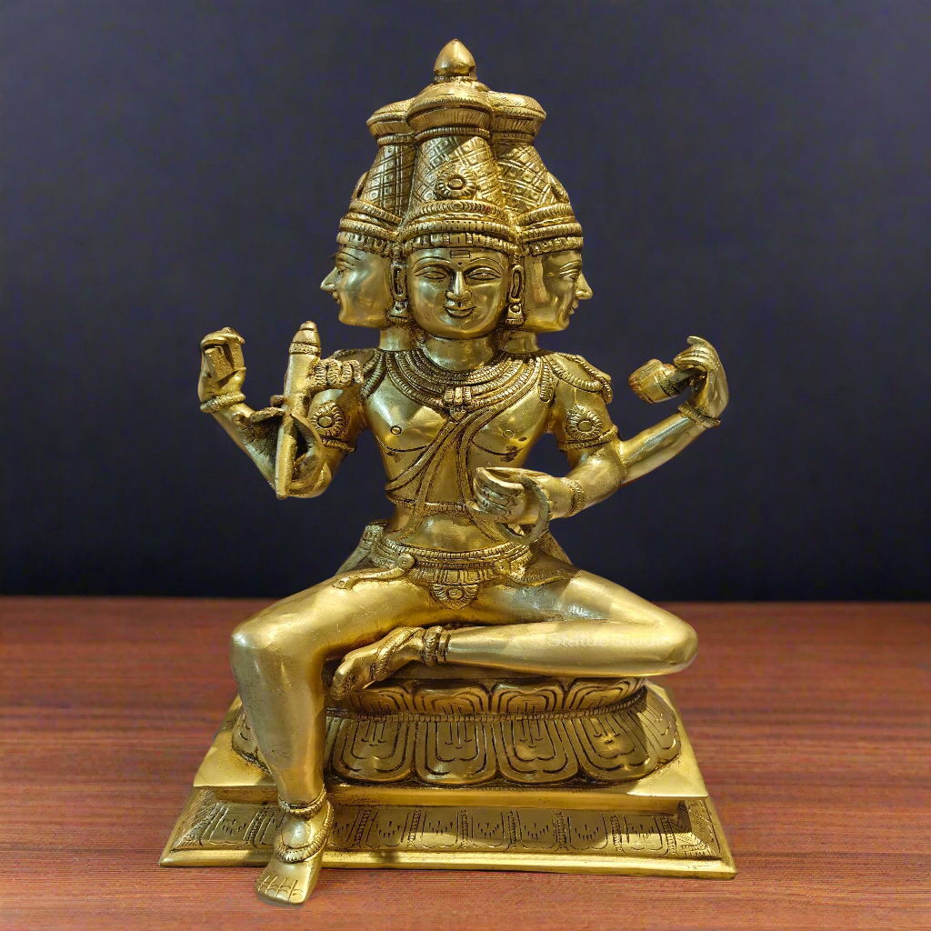 Brass Seated Lord Brahma Sculpture Creator Of Universe 16 Inches