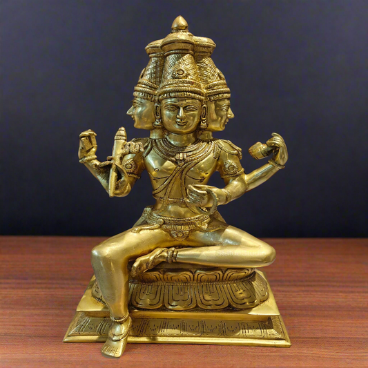 Brass Seated Lord Brahma Sculpture Creator Of Universe 16 Inches