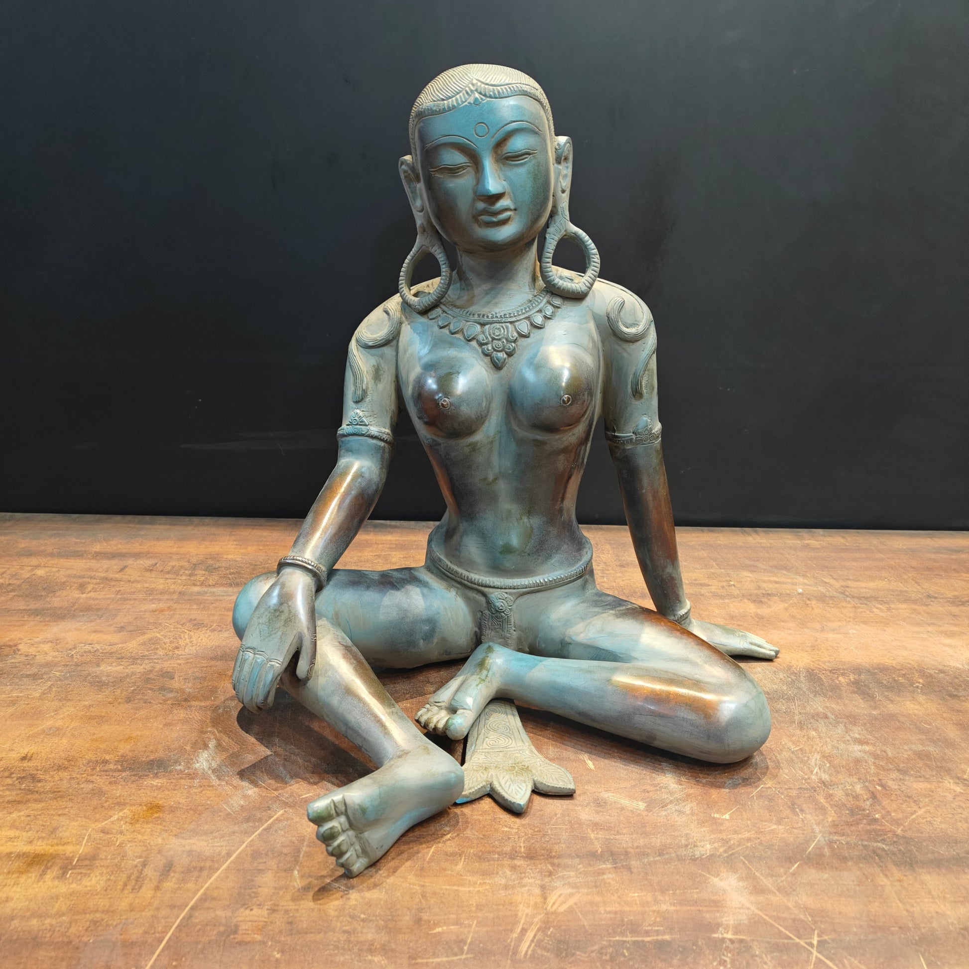 Brass Seated Nepalese Parvati Idol Antique Patina Finish 1.5 Feet - Eco-friendly - Sama Homes