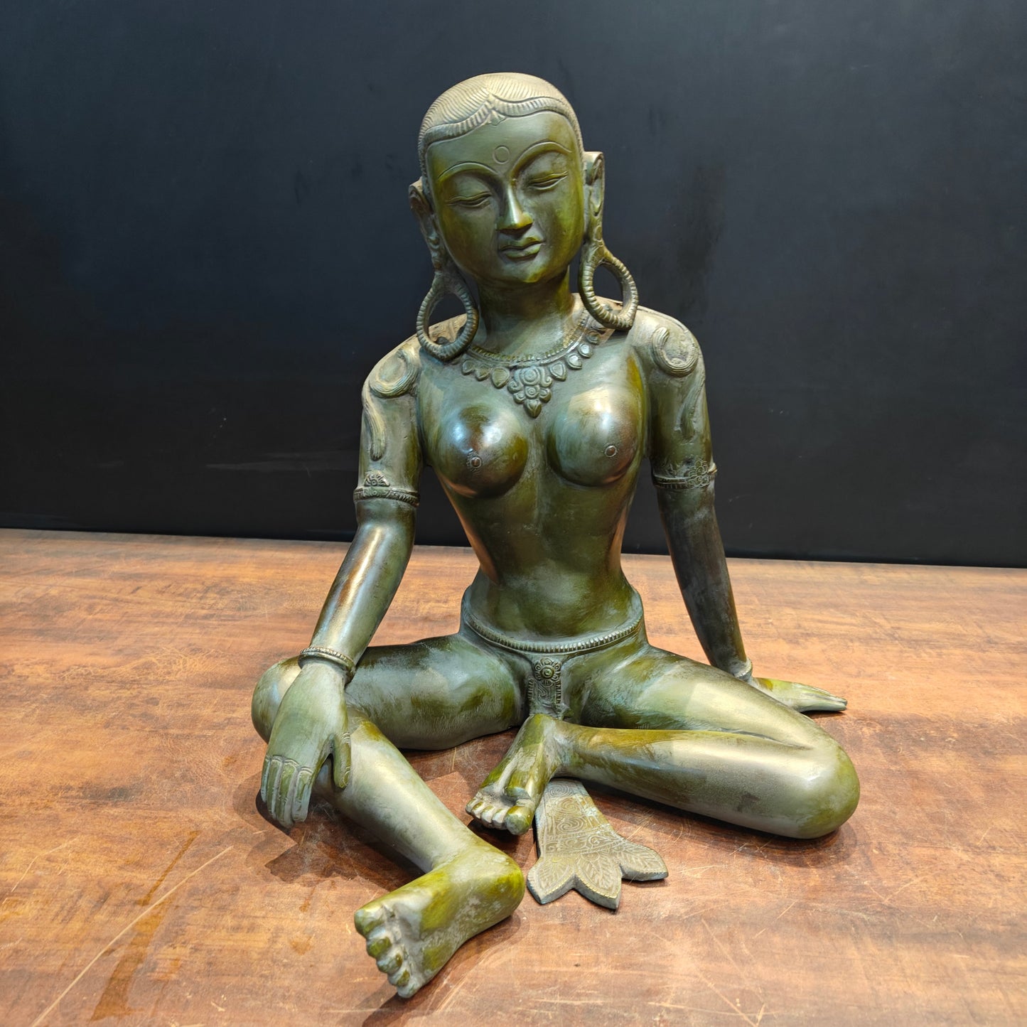 Brass Seated Nepalese Parvati Idol Green Patina Finish 1.5 Feet