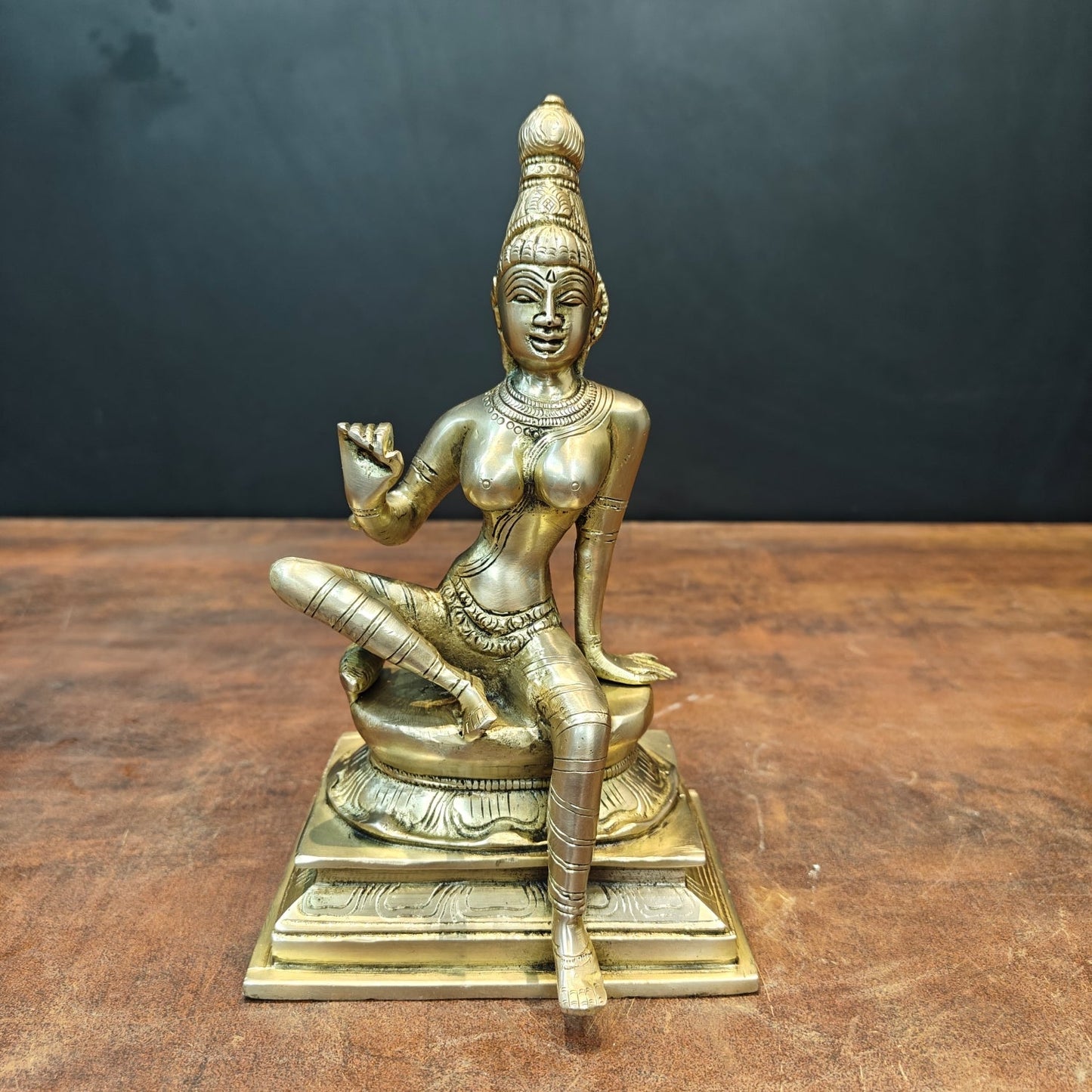 Brass Seated Parvati as Uma Devi Idol Antique Finish 8.5 Inch