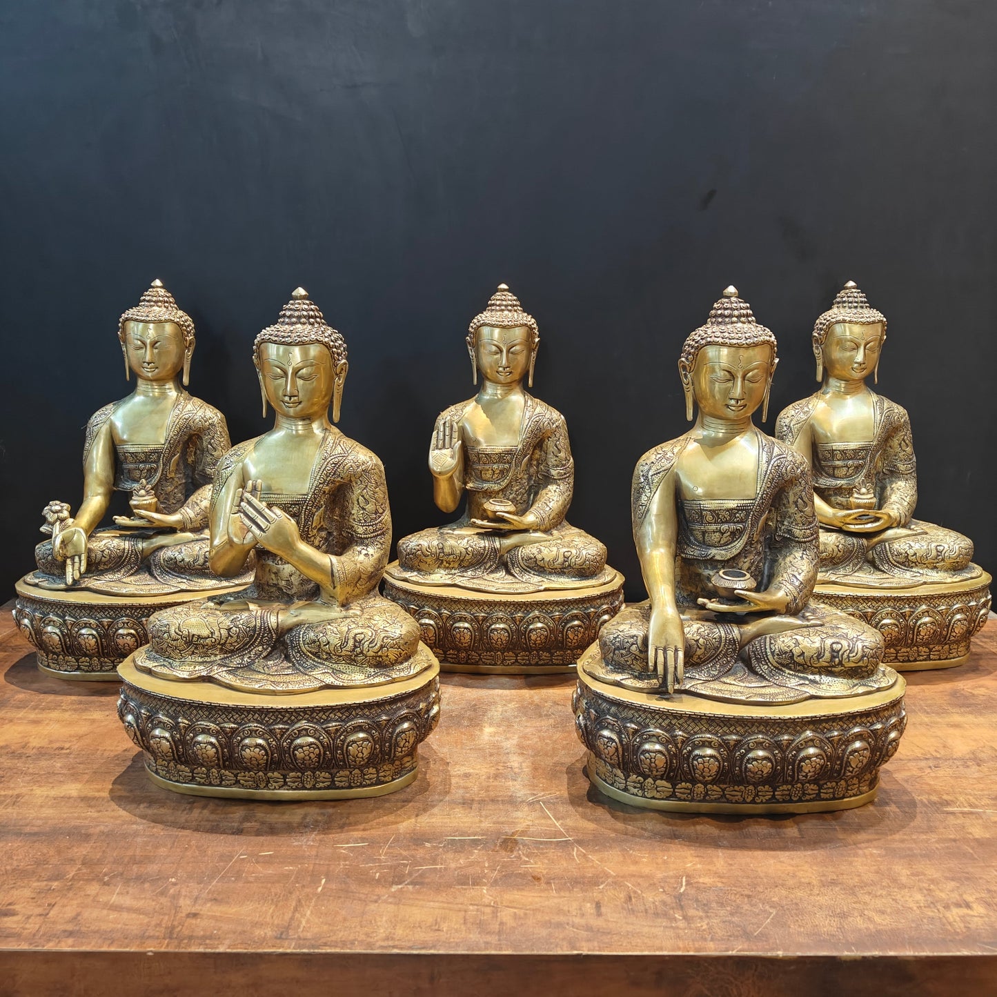 Brass Set of 5 Dhyani Buddha Statues Antique Finish 2 Feet