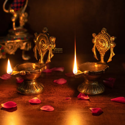 Brass Shankh Chakra Diya Lamp 5 Inch by vendor-unknown - Spiritual (View 2)