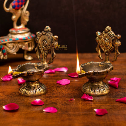 Brass Shankh Chakra Diya Lamp 5 Inch by vendor-unknown - Spiritual