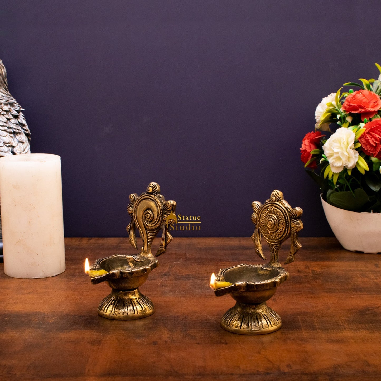 Brass Shankh Chakra Diya Lamp 5 Inch