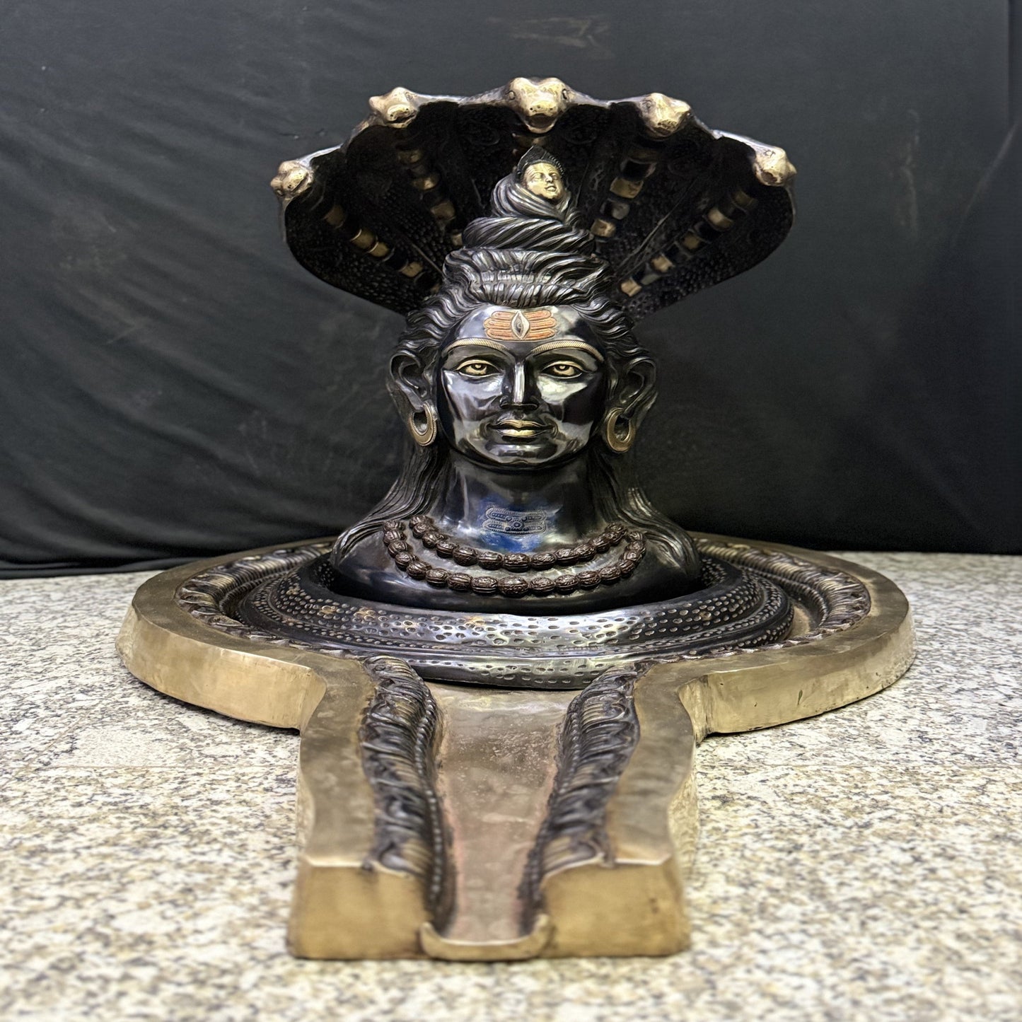 Brass Shiv Lingam Idol with Shiva Face and Vasuki Naag Black Patina Finish 35 Inch