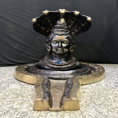 Brass Shiv Lingam Idol with Shiva Face and Vasuki Naag Black Patina Finish 35 Inch by vendor-unknown - Hindu Gods