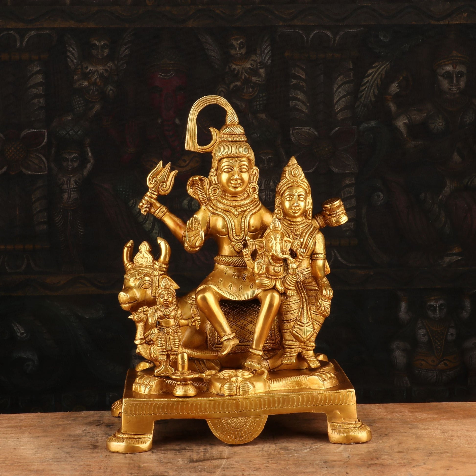 Brass Shiv Parivar Statue Sitting On Nandi For Home Decor 8" - Eco-friendly - Sama Homes