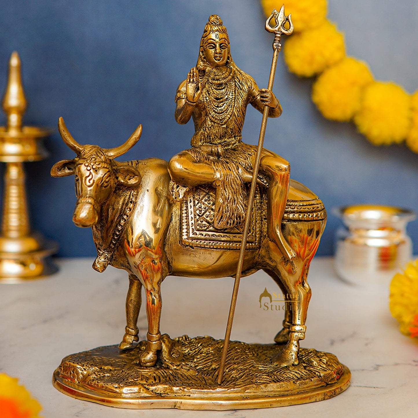 Brass Shiva Idol Seated On Nandi 9 Inch