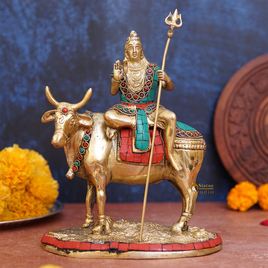 Brass Shiva Idol Seated On Nandi Stone Work 9 Inch