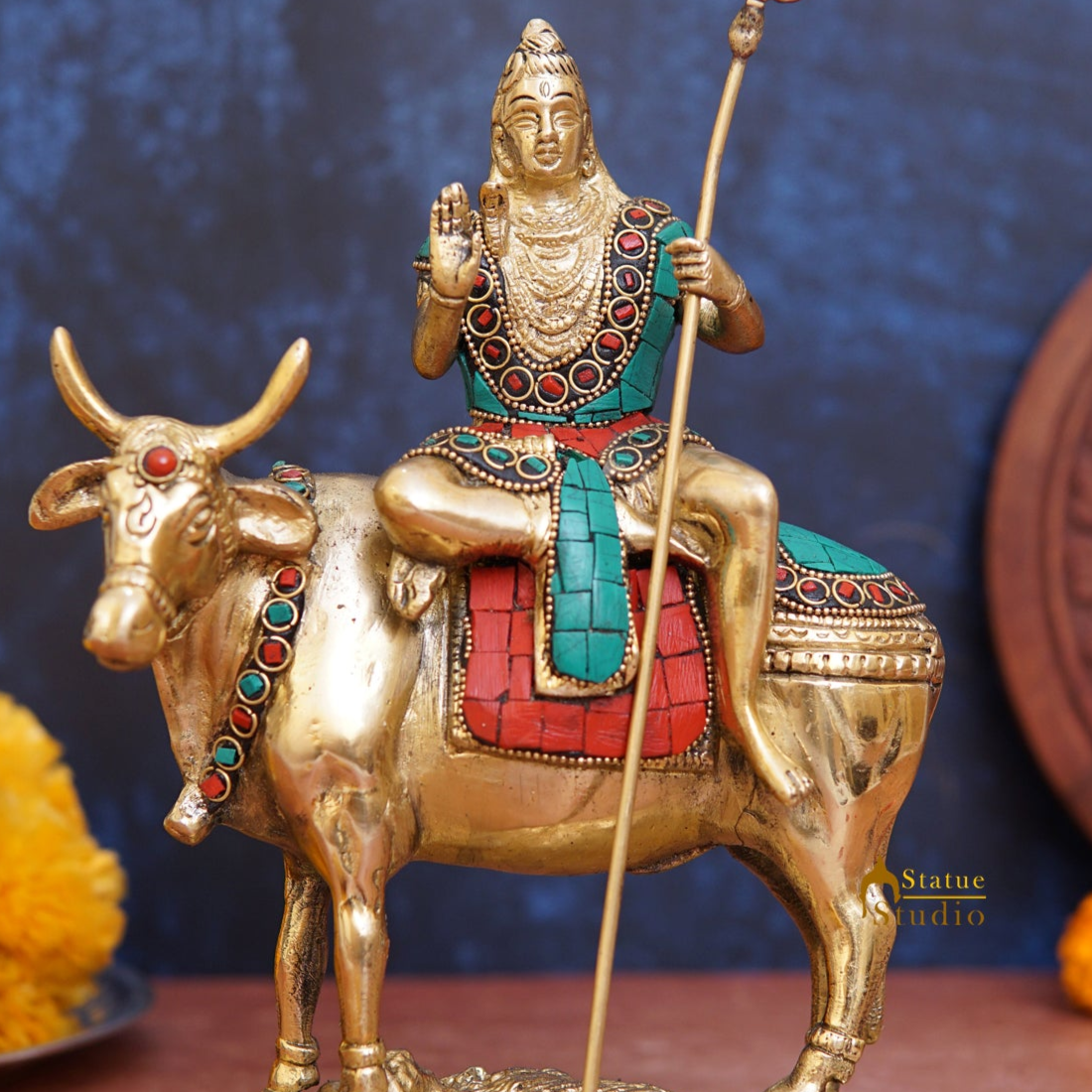Brass Shiva Idol Seated On Nandi Stone Work 9 Inch - Image 2