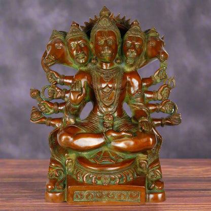 Brass Sitting Five Headed Panchmukhi Hanuman Statue For Home Décor 16" by vendor-unknown - Hindu Gods