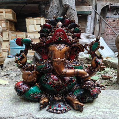 Brass Sitting Ganesha Idol Antique Stone Work For Home Decor 16" by vendor-unknown - Hindu Gods (View 2)
