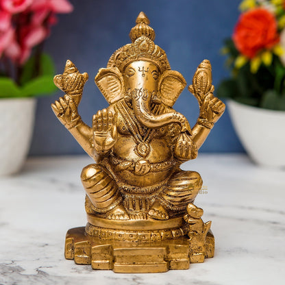 Brass Sitting Ganesha Idol For Home Decor 5 Inch by vendor-unknown - Hindu Gods