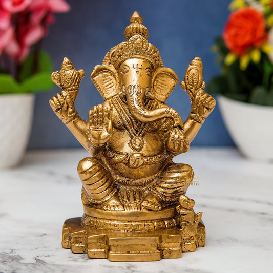 Brass Sitting Ganesha Idol For Home Decor 5 Inch