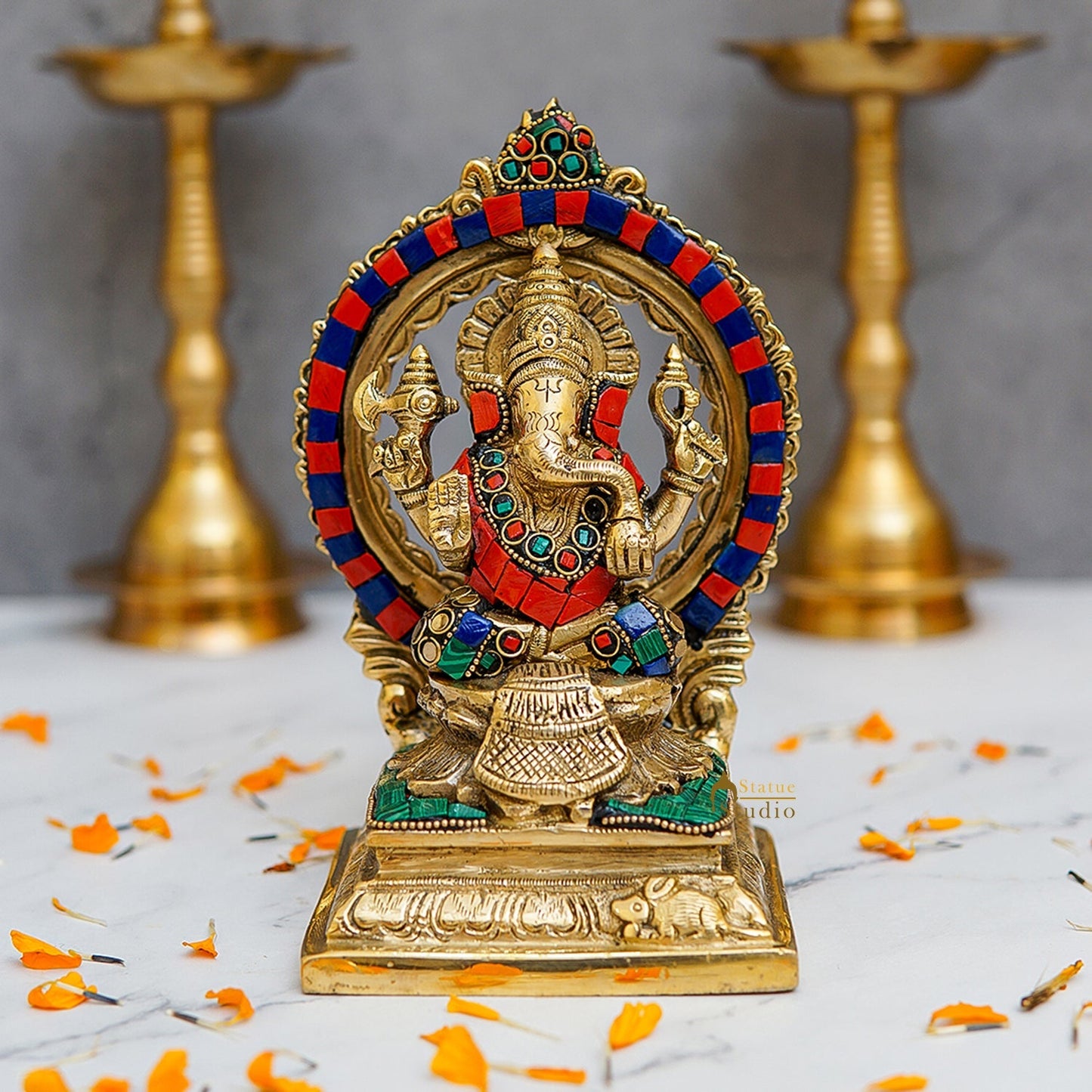Brass Sitting Ganesha Statue With Frame Stone Work 7 Inch