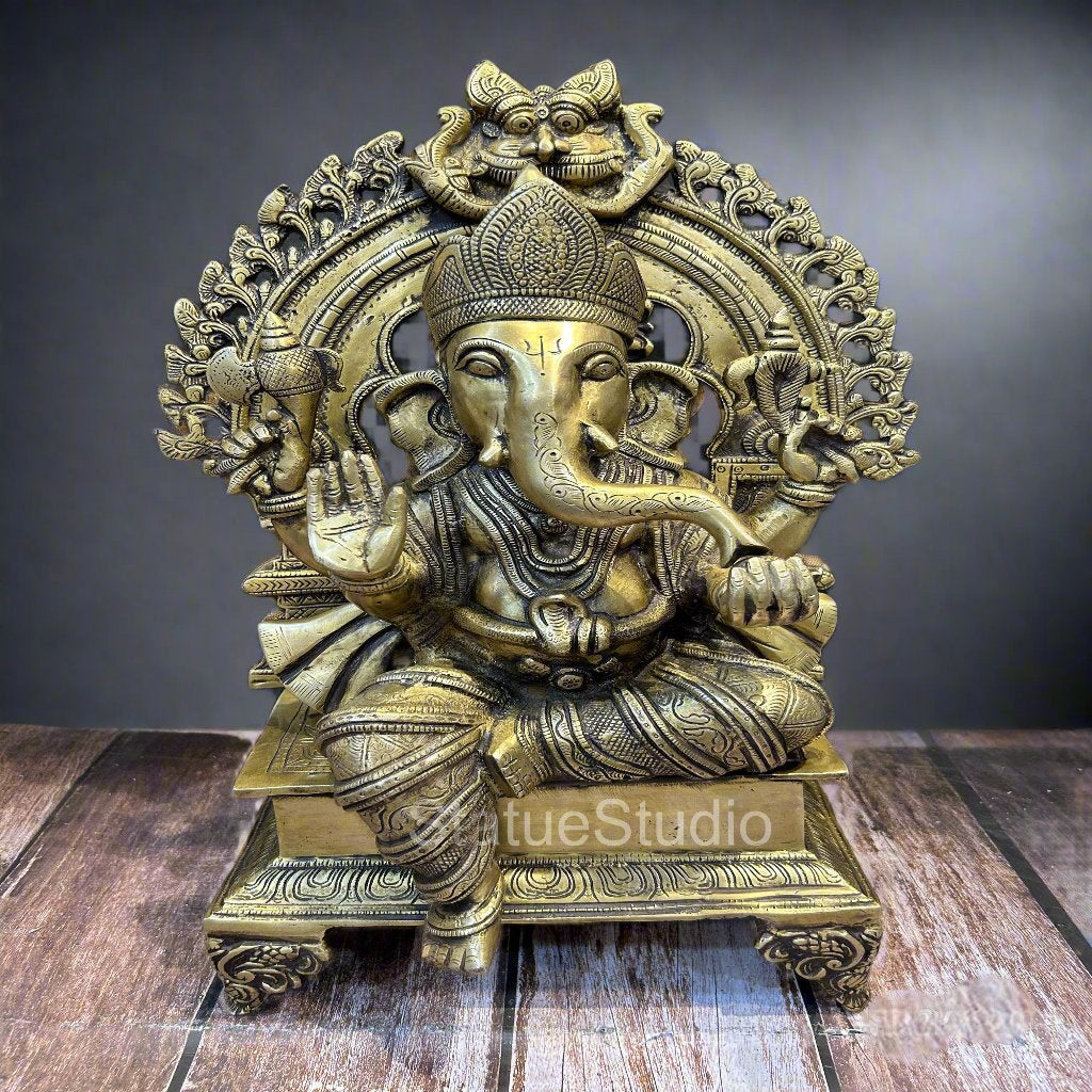 Brass Sitting Ganesha Statue With Temple Arch Antique Finish For Home Decor 19"