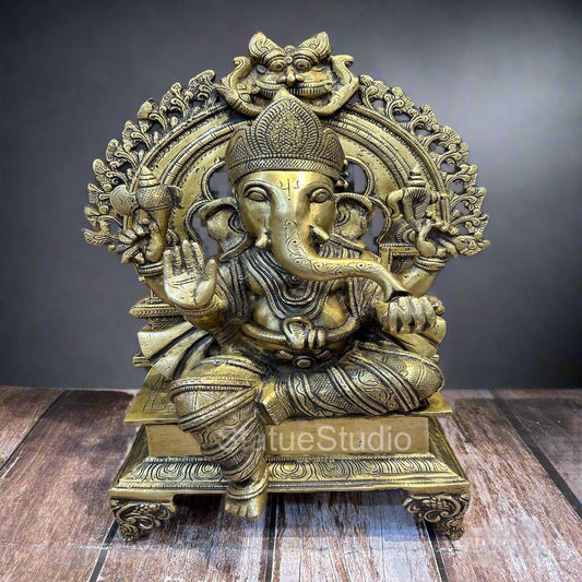 Brass Sitting Ganesha Statue With Temple Arch Antique Finish For Home Decor 19"