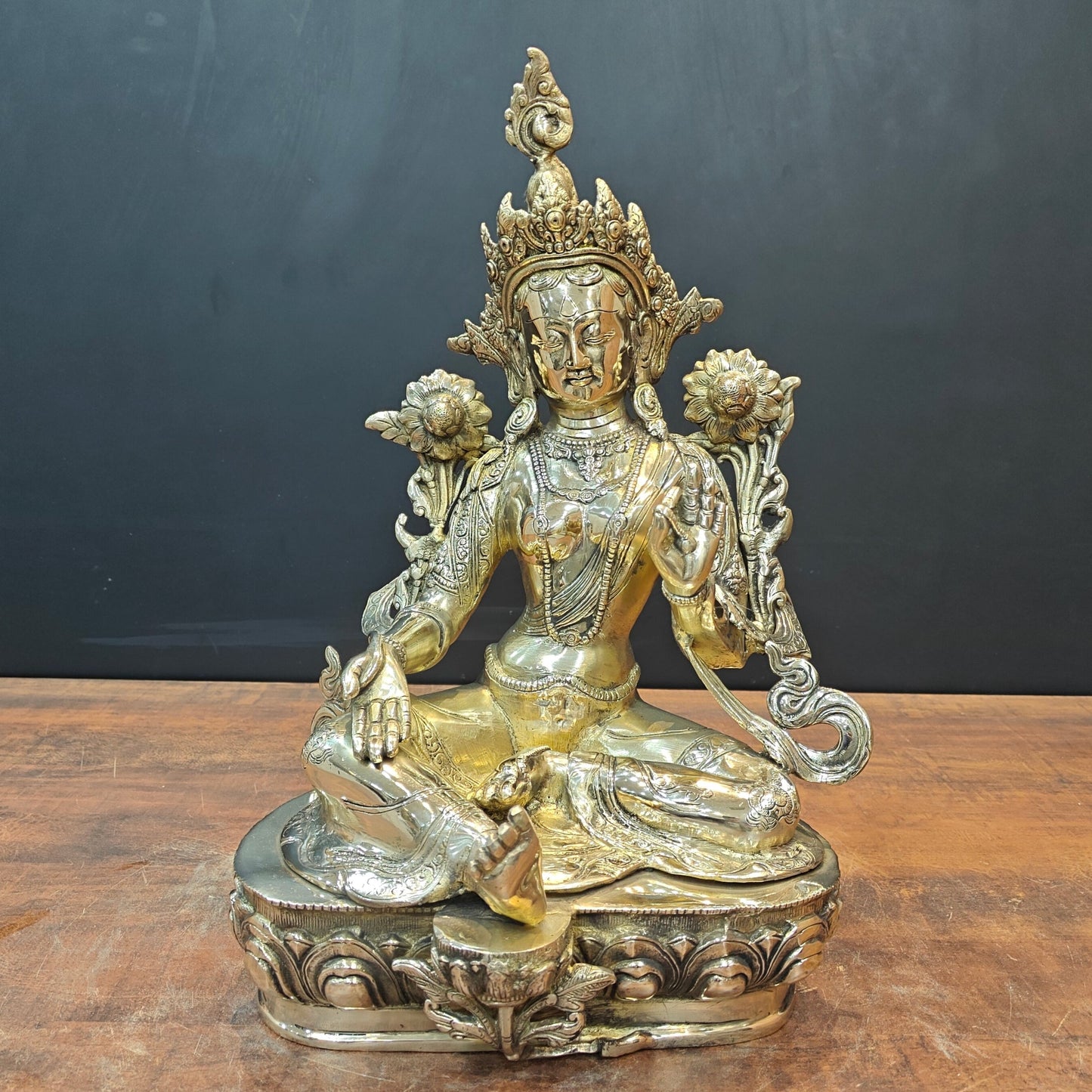 Brass Sitting Green Tara Statue Symbol Of Purity 19 Inches