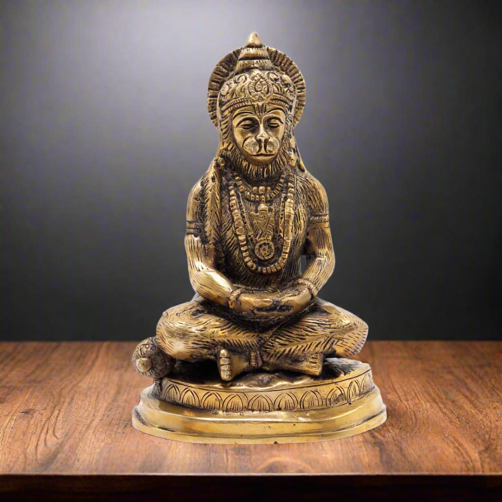 Brass Sitting Hanuma Idol Antique Finish For Home Decor Showpiece 6"