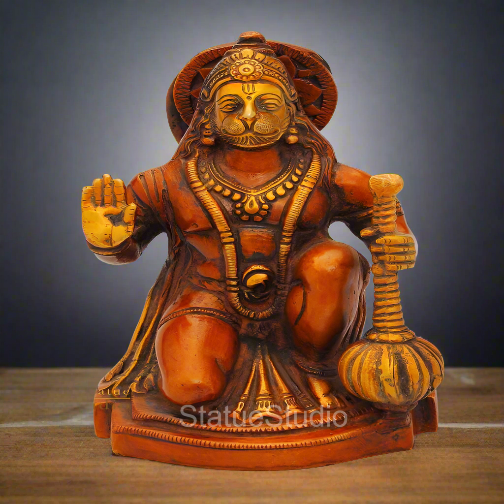 Brass Sitting Hanuman Idol Antique Finish For Home Decor 7"