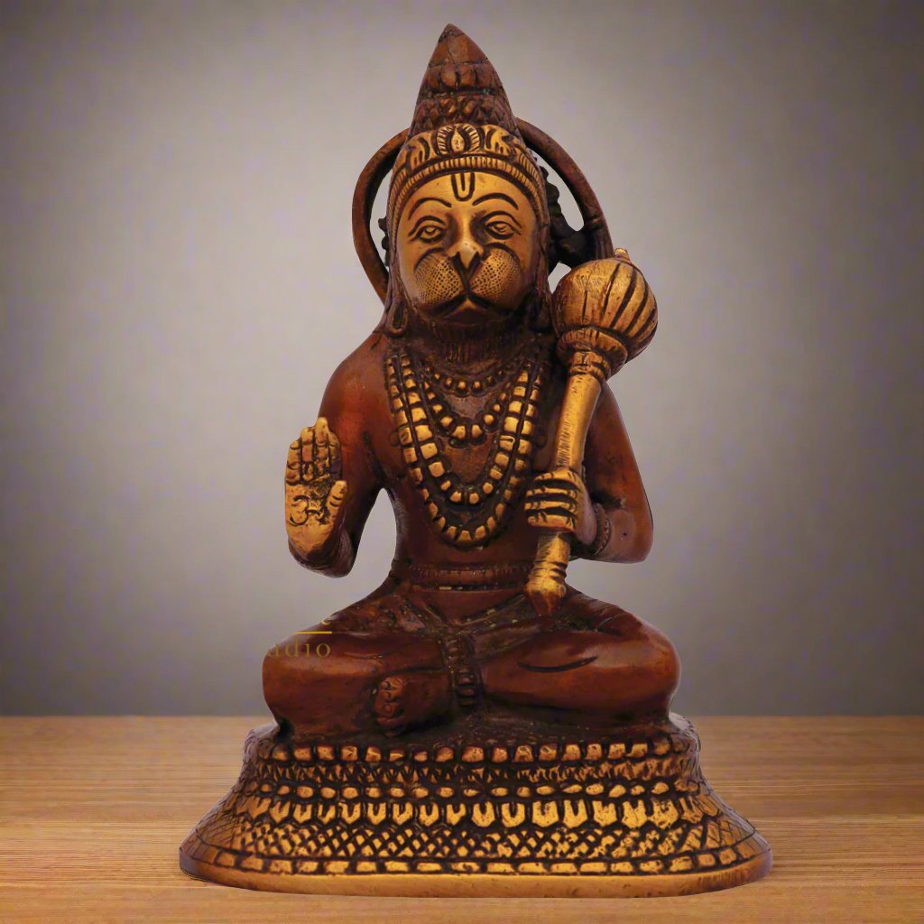 Brass Sitting Hanuman Idol Antique Finish For Home Decor Showpiece 6"
