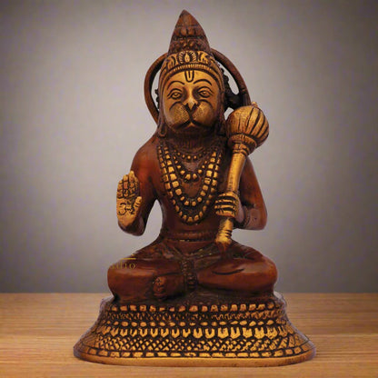 Brass Sitting Hanuman Idol Antique Finish For Home Decor Showpiece 6" by vendor-unknown - Hindu Gods