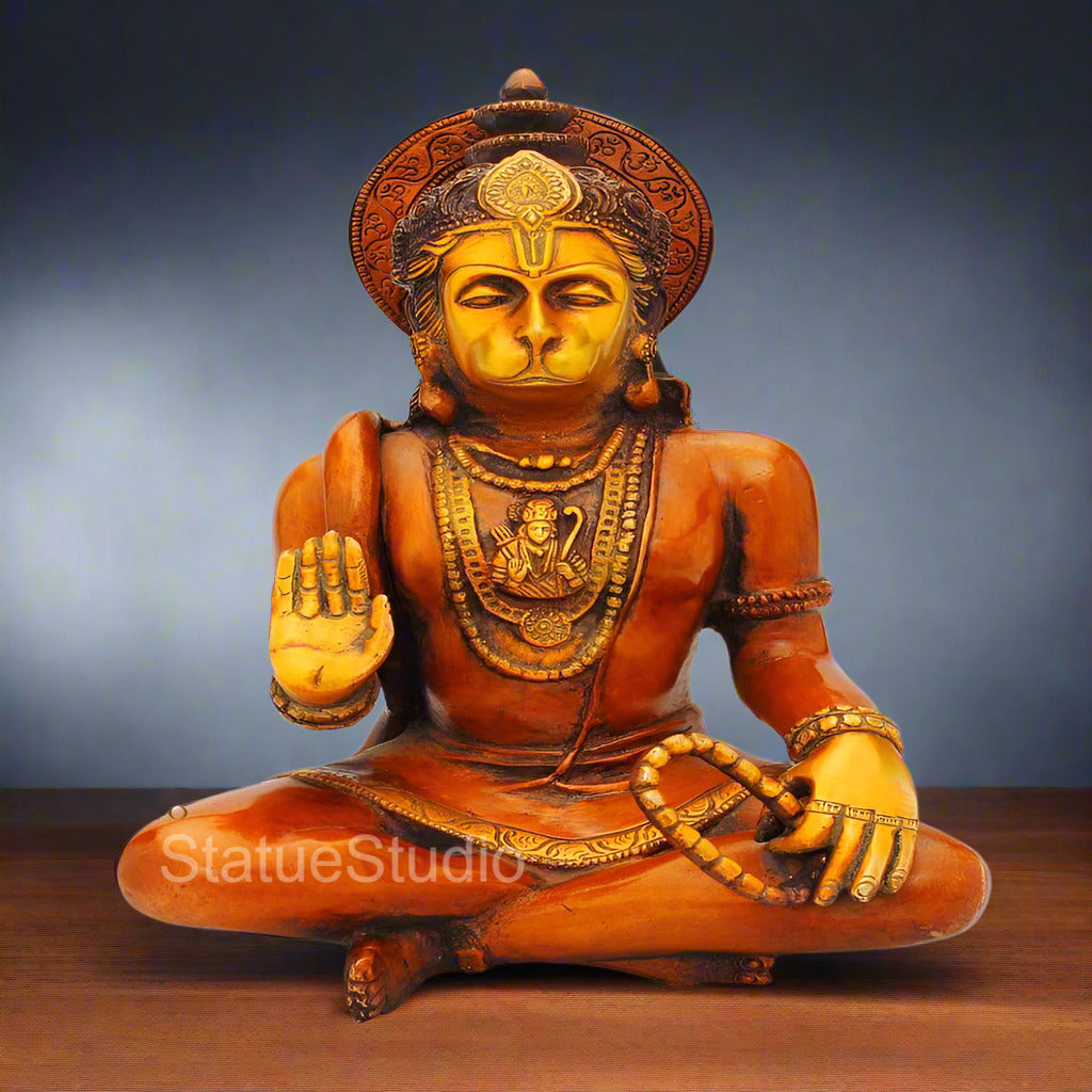 Brass Sitting Hanuman Idol Copper Patina Finish For Home Decor 1 Feet - Eco-friendly - Sama Homes