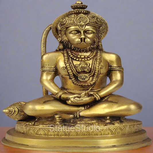 Brass Sitting Hanuman Idol For Home Decor Showpiece 7"