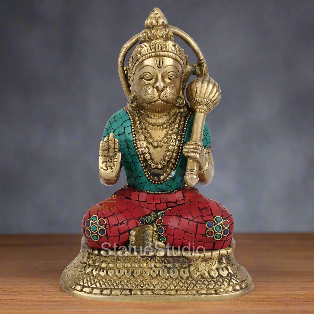 Brass Sitting Hanuman Idol Stone Work For Home Decor Showpiece 7"