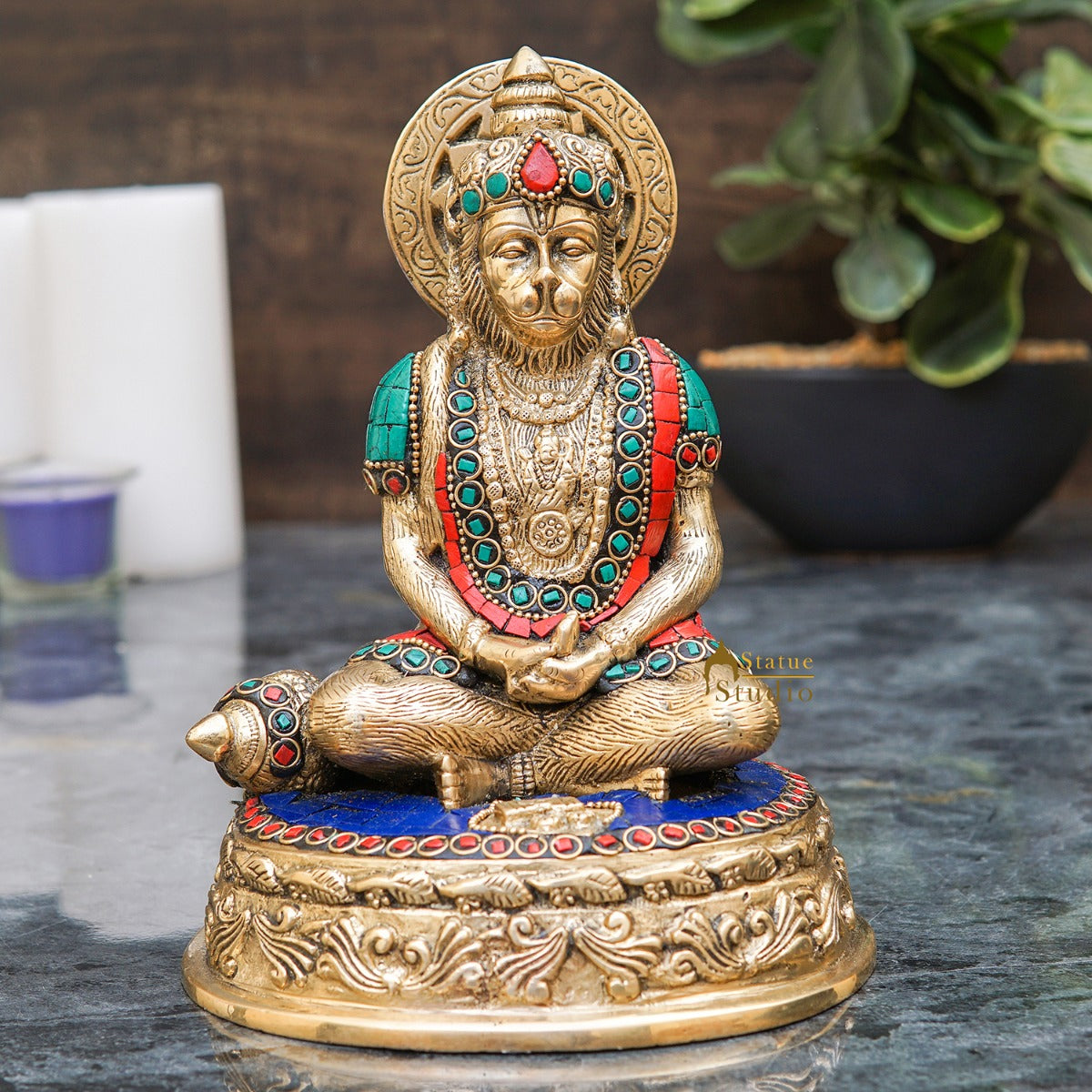 Brass Sitting Hanuman Idol With Stone Work 7 Inch