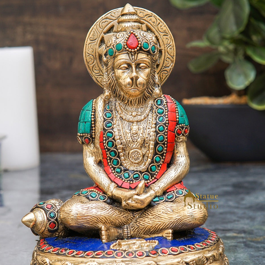 Brass Sitting Hanuman Idol With Stone Work 7 Inch - Image 2