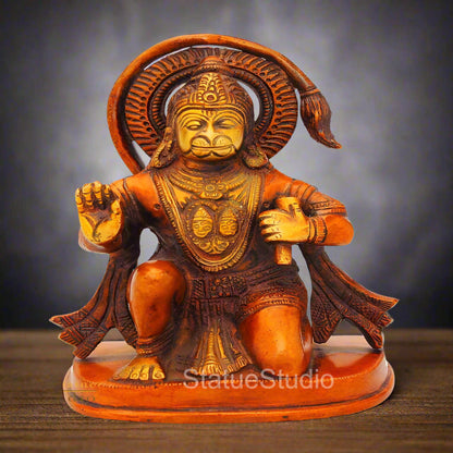 Brass Sitting Hanuman Statue Antique Finish For Home Decor 6" by vendor-unknown - Hindu Gods