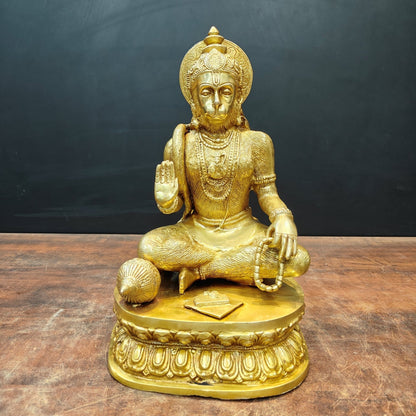 Brass Sitting Hanuman Statue For Home Temple Decor Showpiece 15 Inch by vendor-unknown - Hindu Gods