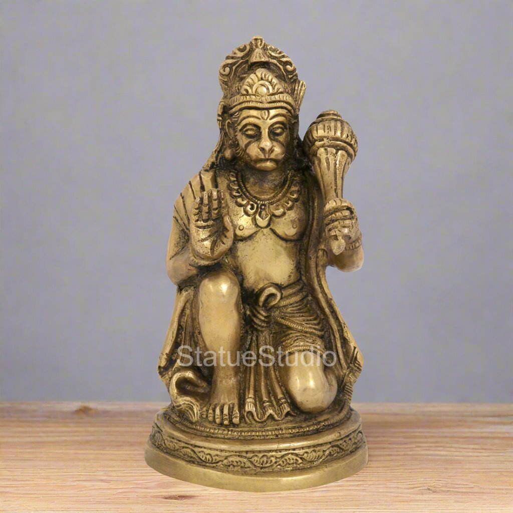 Brass Sitting Hanuman Statue Religious For Home Temple Decor Gift 6" - Eco-friendly - Sama Homes