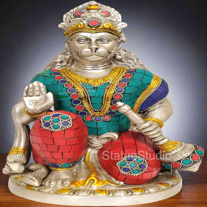 Brass Sitting Hanuman Statue Stone Work For Home Decor 9" by vendor-unknown - Hindu Gods