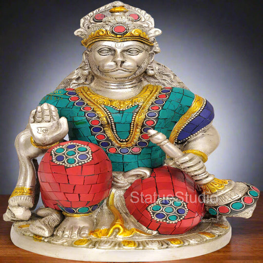 Brass Sitting Hanuman Statue Stone Work For Home Decor 9"