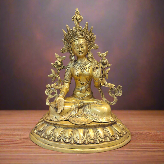 Brass Sitting White Tara Devi Statue Symbol Of Purity 1.5 Feet